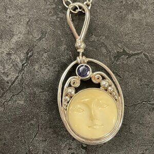 Double Sided Sterling Silver Bone Carved Sajen Moon Pendant